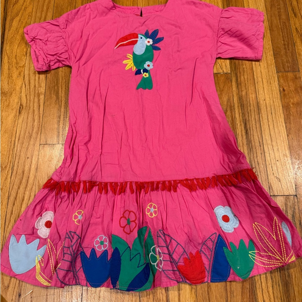 Mini Boden Pink Dress with Colorful Bird and Floral Design